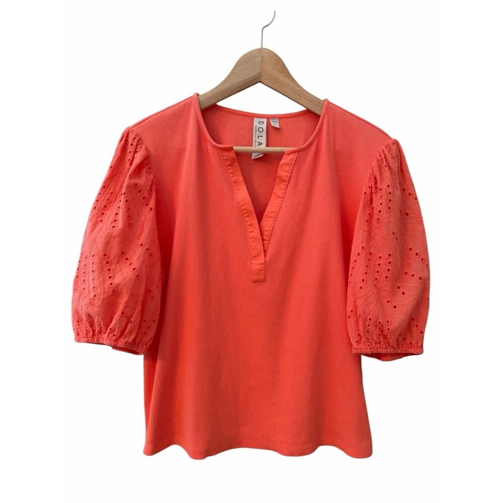 Dolan Womens Peach Ribbed Knit Eyelet Puff Slv V Neck Top Sz XL Pullover Casual